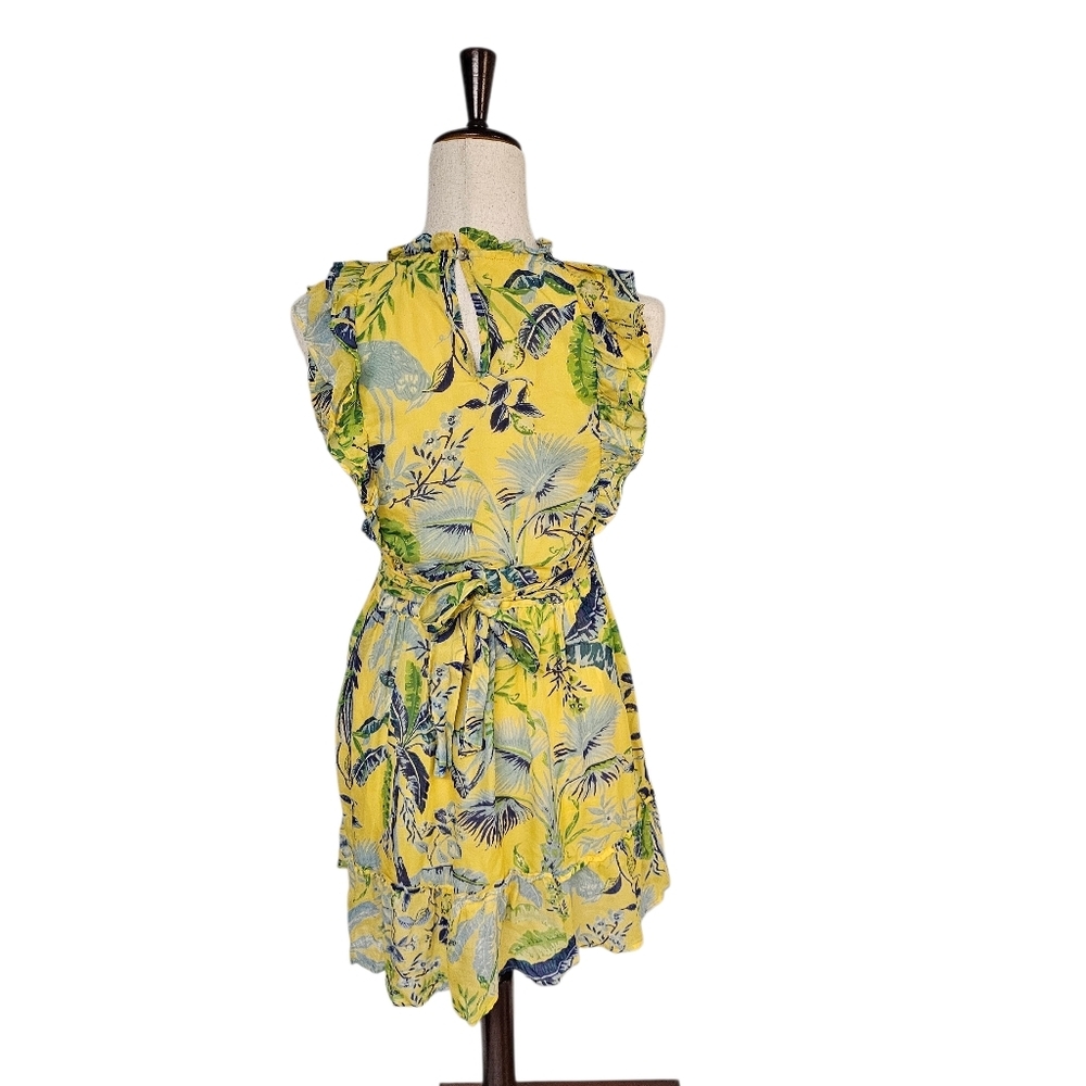 Banjanan 100% Silk Tropical Ruffle Floral Yellow Mini Dress Small Preowned - Picture 3 of 11